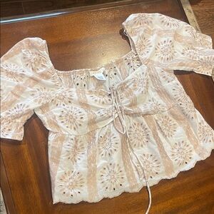 Chic Cream and Tan Blouse with Floral eyelet Design